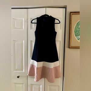 Eliza J Women's 8 Retro, Mod Inspired, Textured Dark Navy, White, & Pink Dress